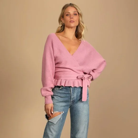 Lulus Rose Pink Knit Faux-Wrap Long Sleeve Sweater Size Medium - Picture 2 of 6